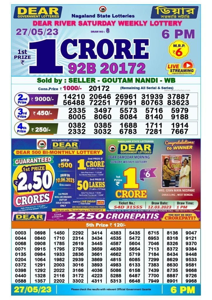 Dear Evening Lottery Sambad Result Today 27 May 6pm
