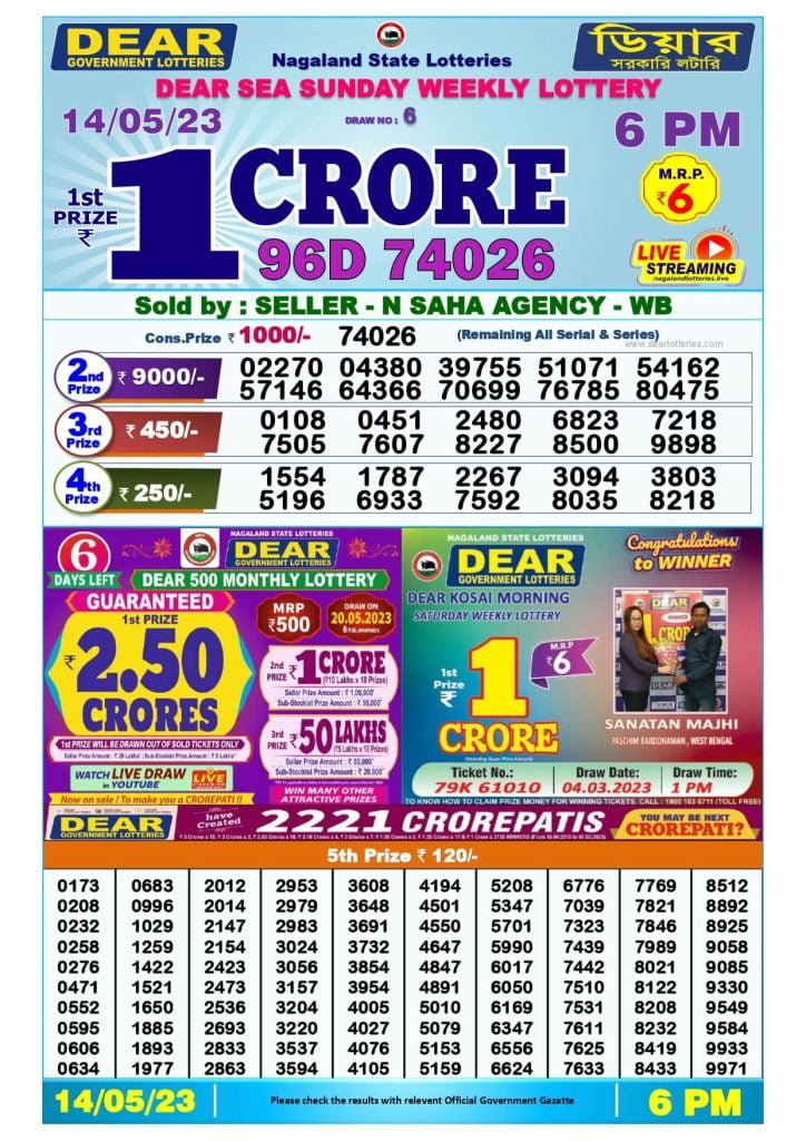 Dear Evening Lottery Sambad Today 14 May Tarikh 6pm Result